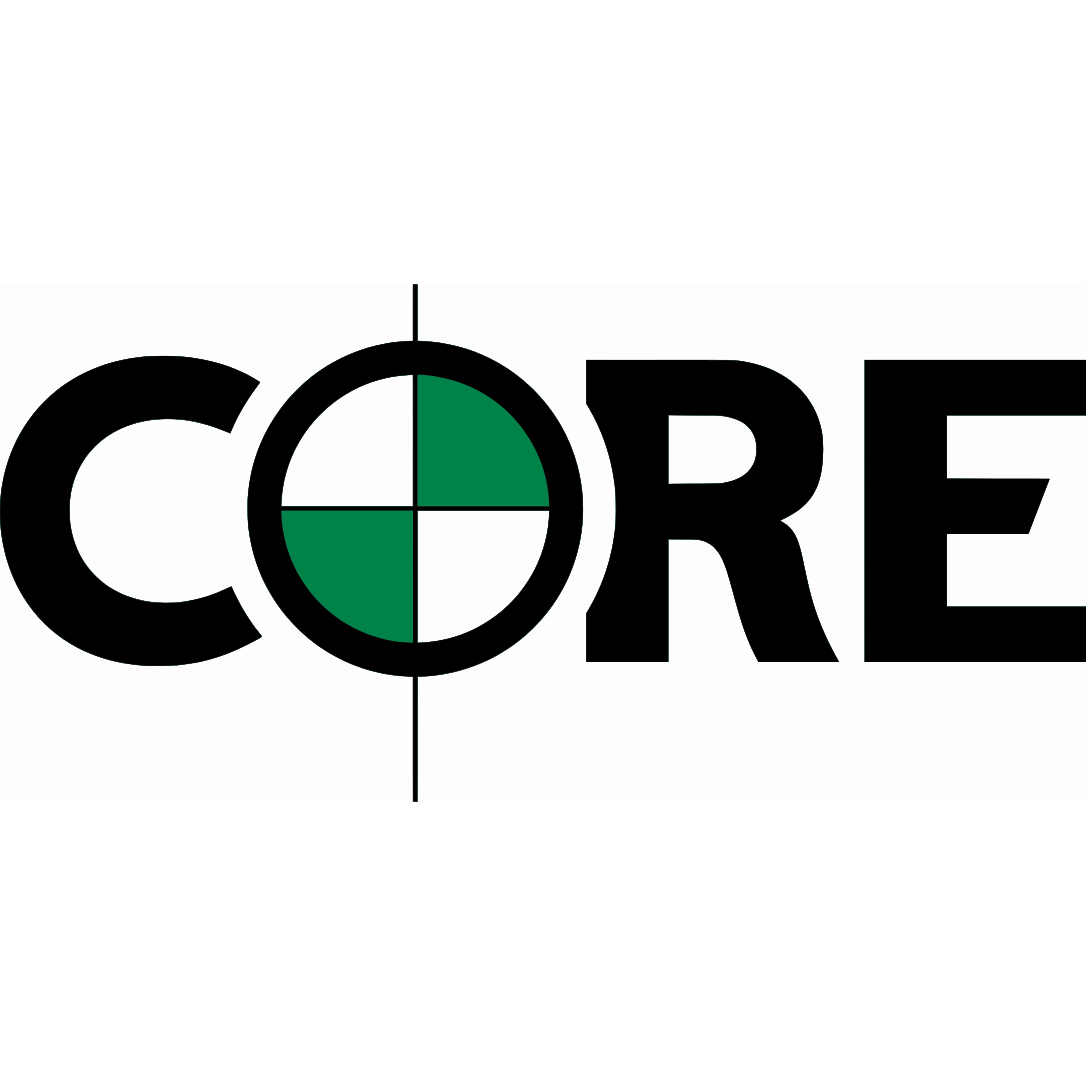 The word 'CORE' with the letter 'O' stylized as a target with crosshairs and four quadrants, colored green and white.