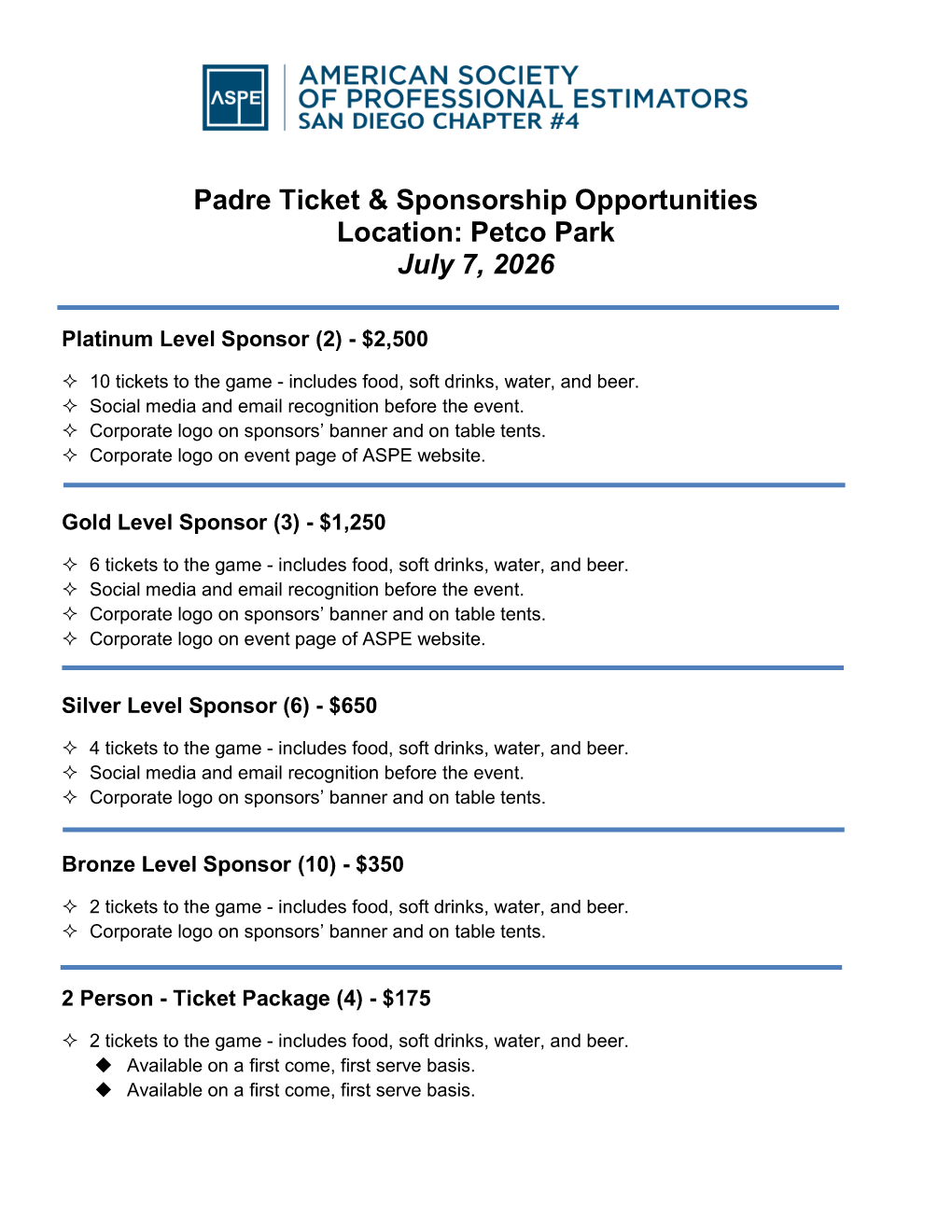 2026 - Padre Event - Tickets and Sponsorships