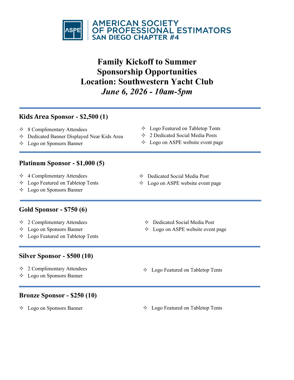 2026 - Family Kickoff to Summer Event - Sponsorships