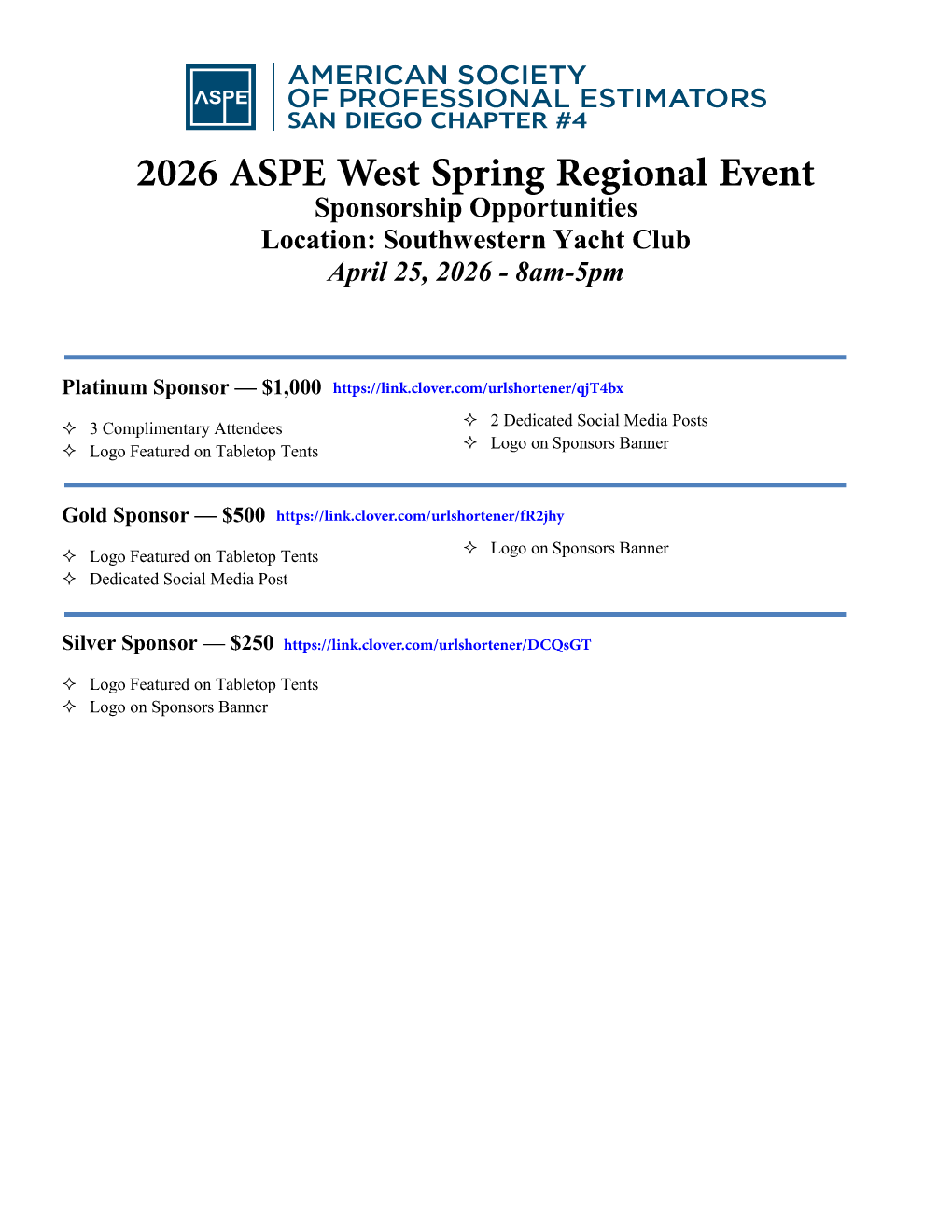2026 ASPE West Regional Event - Sponsorships