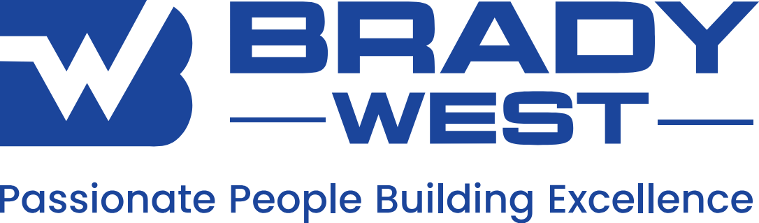 The logo of Brady West with a stylized 'W' in a blue square, and the text 'BRADY WEST' and the tagline 'Passionate People Building Excellence' underneath.