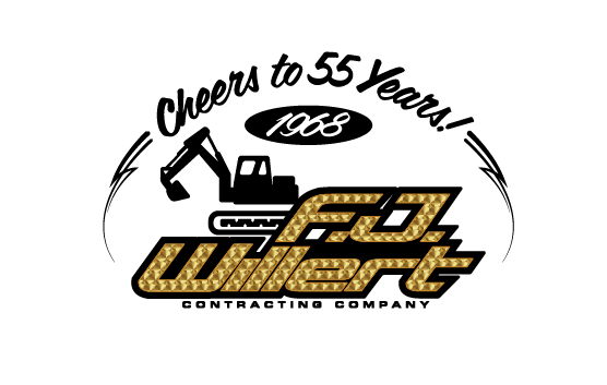Celebratory logo for FO UnderContract, a contracting company, marking 55 years in 2023, featuring a construction excavator and bold gold-text branding.