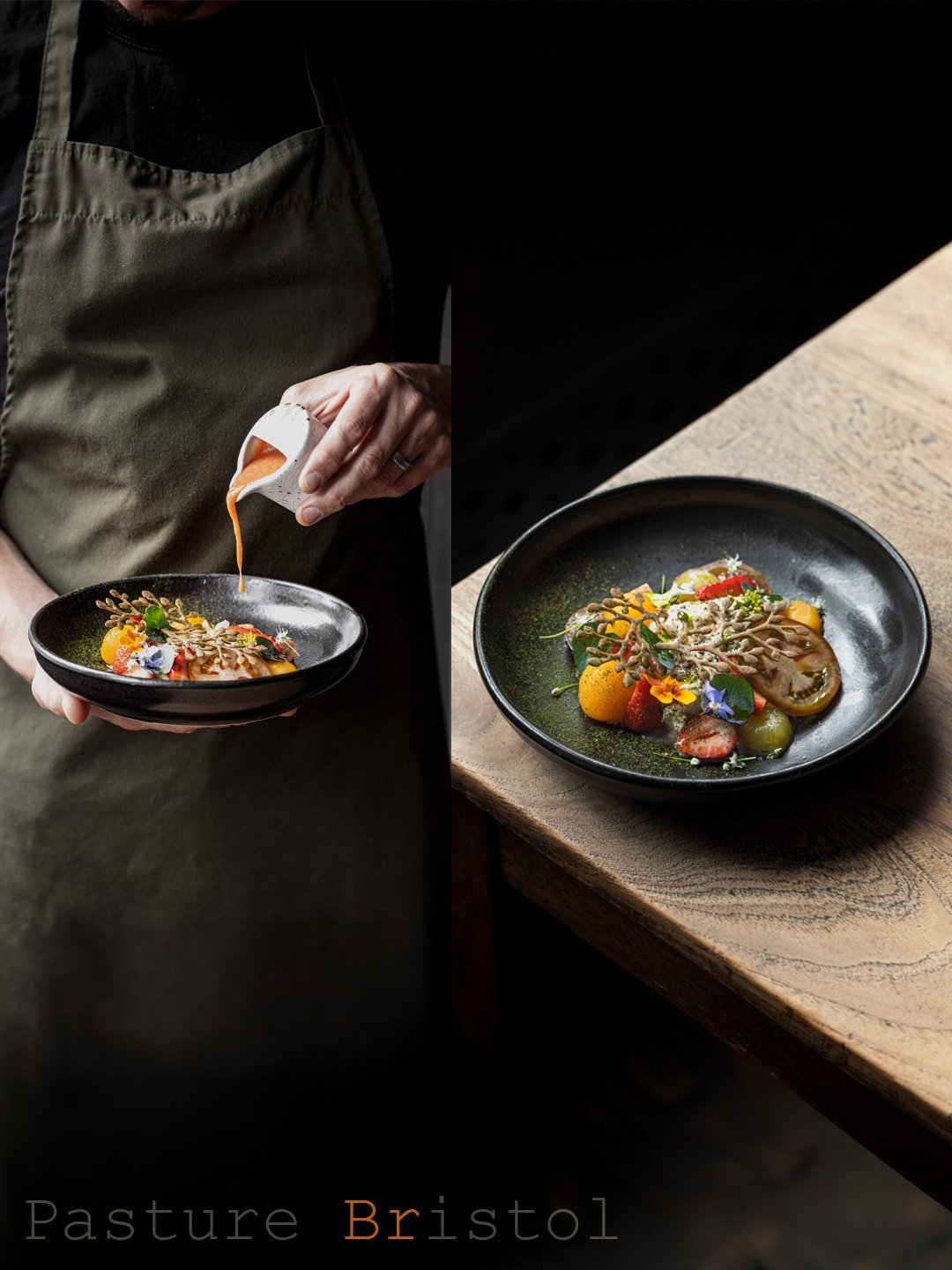 At @pasturebristol in Bristol, a composed seasonal dish finished by hand, sauce poured carefully over heirloom tomatoes, berries and edible flowers.

Dark plate, timber table, controlled light. A quiet, precise moment focused entirely on the food.
.
