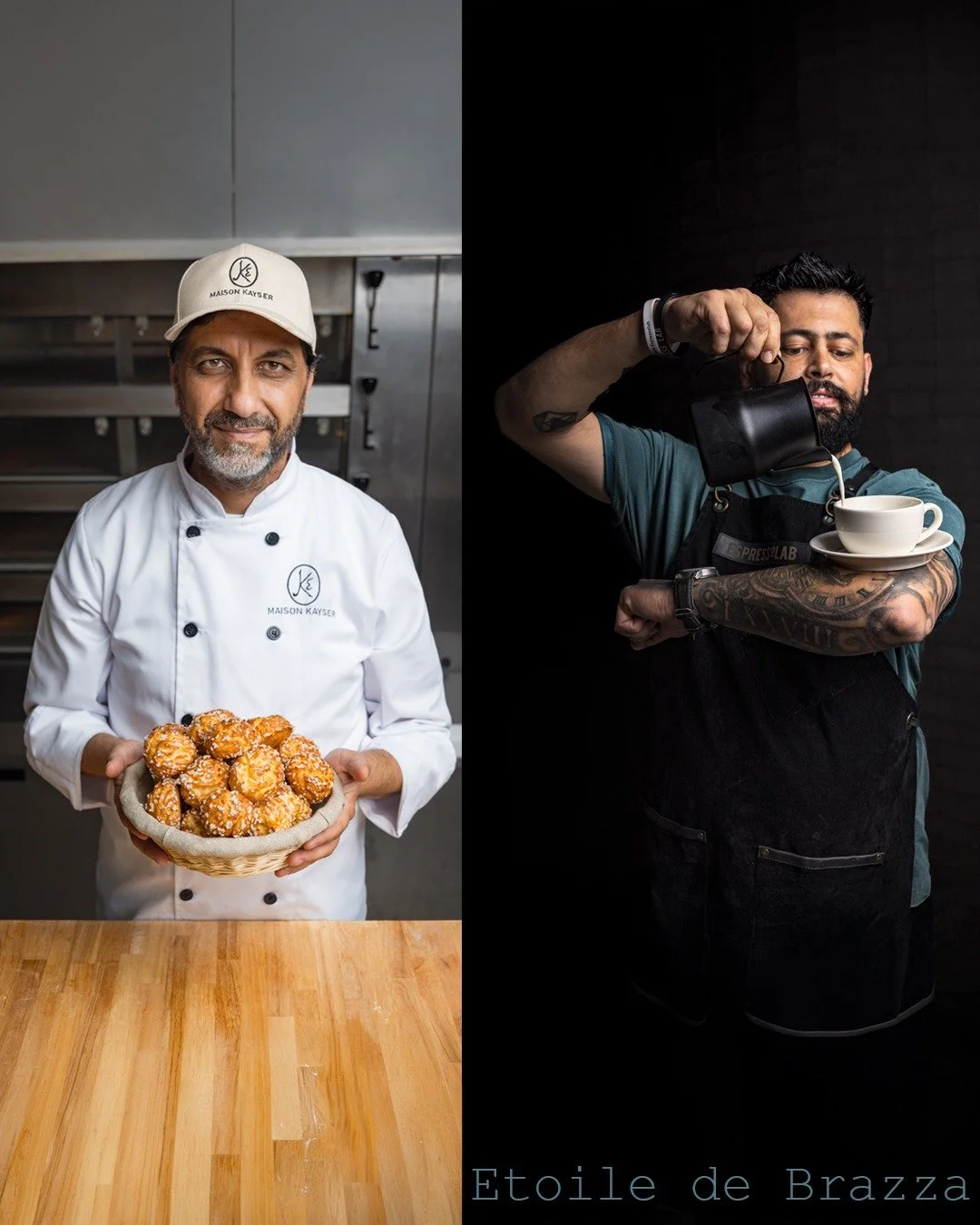 Two portraits from &Eacute;toile de Brazza, built on clean vertical framing, contrast, and texture, from bakery ovens and pastry crust to coffee service and apron detail. Shot at @etoiledebrazzamall  with @erickayserbrazzaville  and @espressolabcg . 