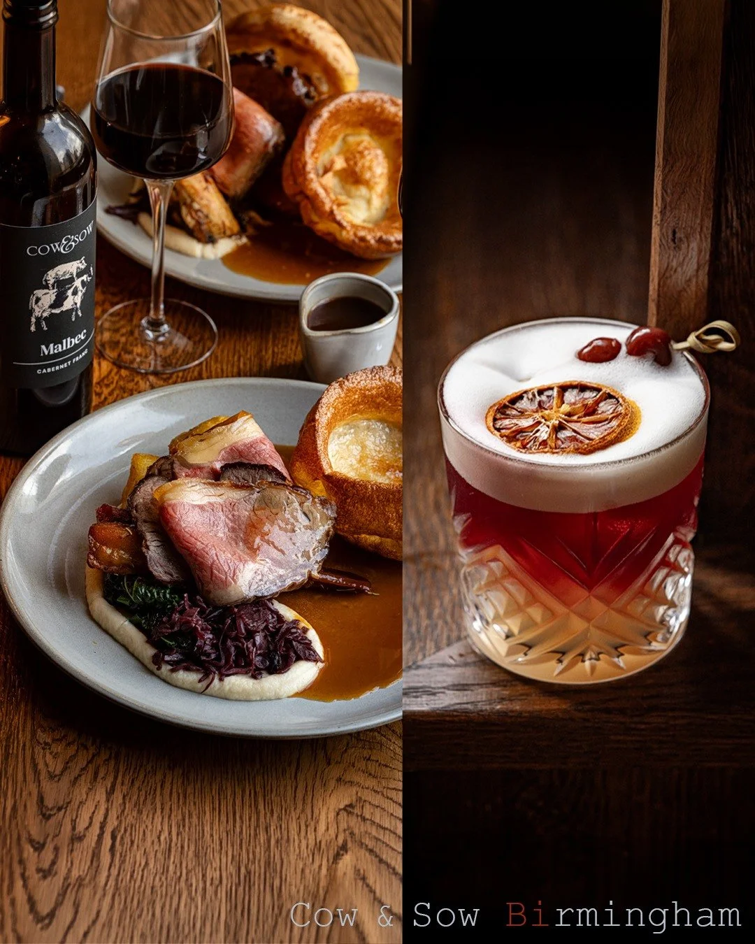 @cowandsowbirmingham  Birmingham, food and drink frames built around texture and contrast, roast plating on wood, glass and foam detail on the cocktail, and a simple people moment at the menu. Photography by @faydit_photography ,
.
.
.
.
#ucookishoot