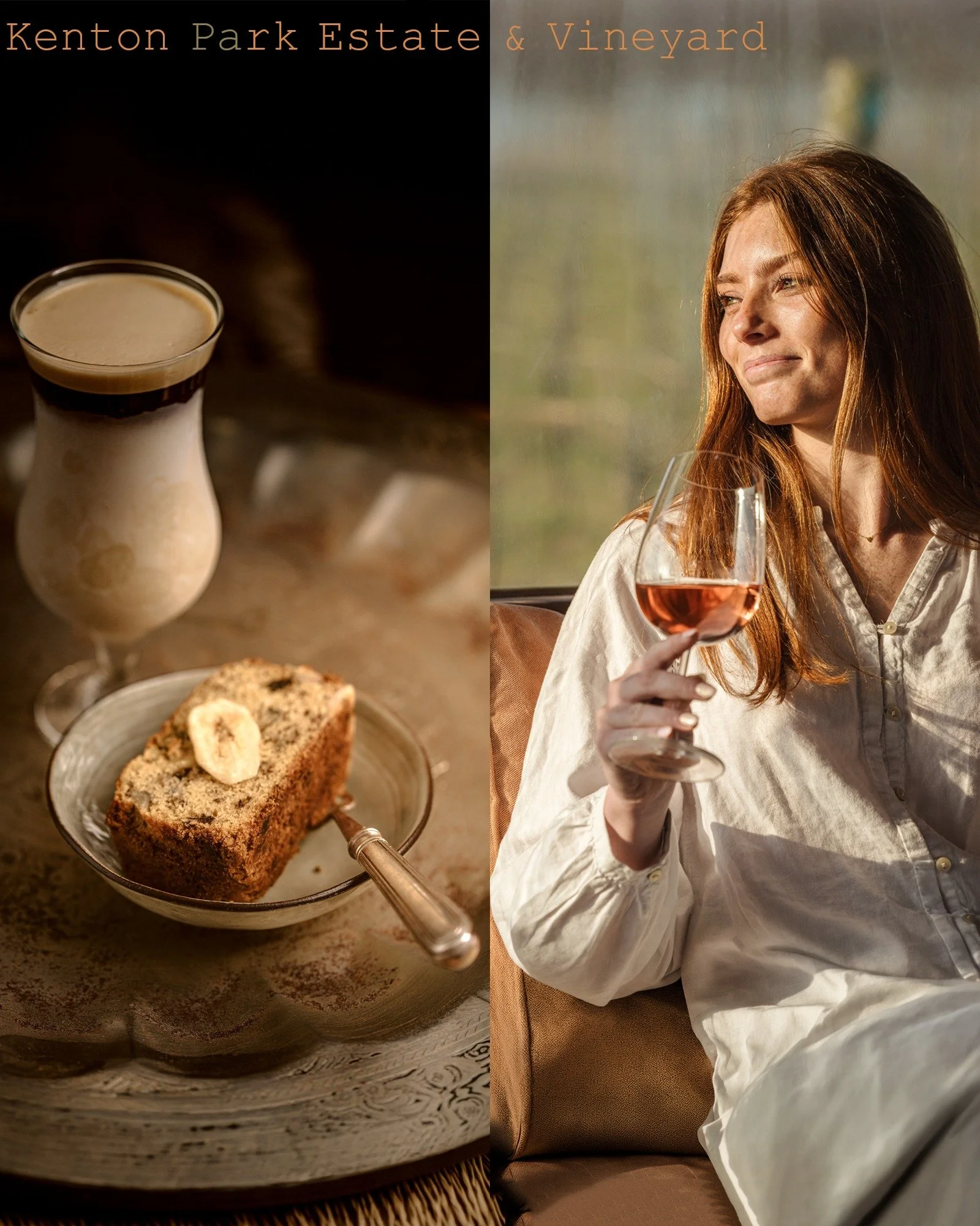 @kenton_park_estate , Devon, a simple set built around warm tones and clean framing, the layered drink and banana loaf keep the food story tight, the portrait with a glass of ros&eacute; does the lifestyle side without overplaying it. 
.
.
.
.
#ucook