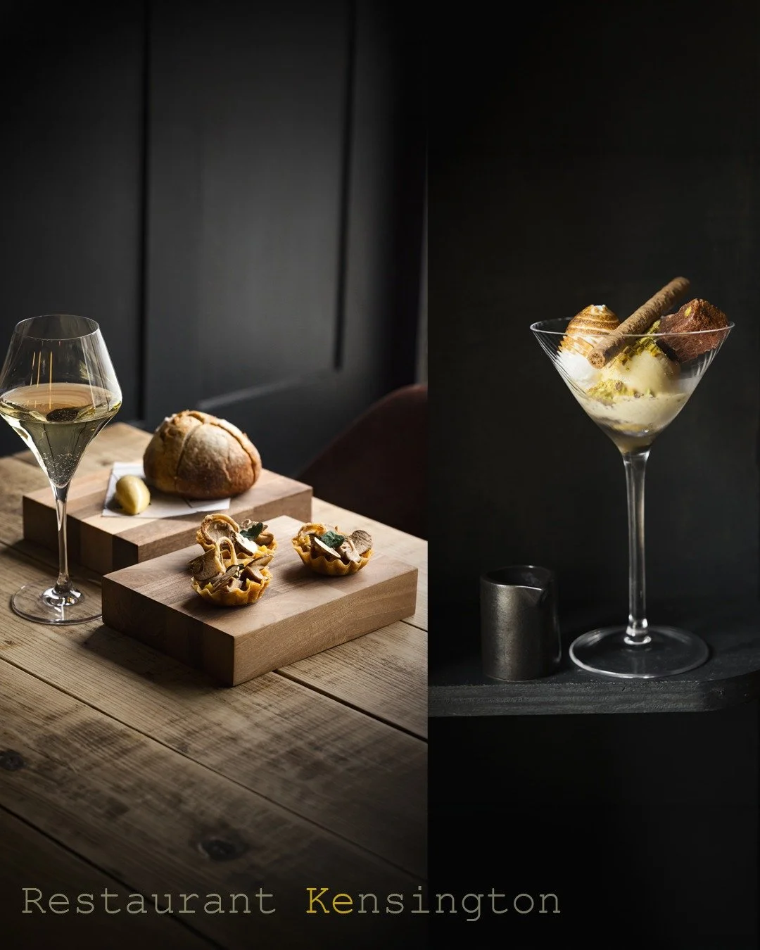 Spring menu shoot at @restaurantkensingtonlynton , Lynton, clean table work, wood, glass, and dark walls, small plates and wine on blocks, a dessert served in a martini glass, and the kitchen focus behind it all. Photography by @faydit_photography . 