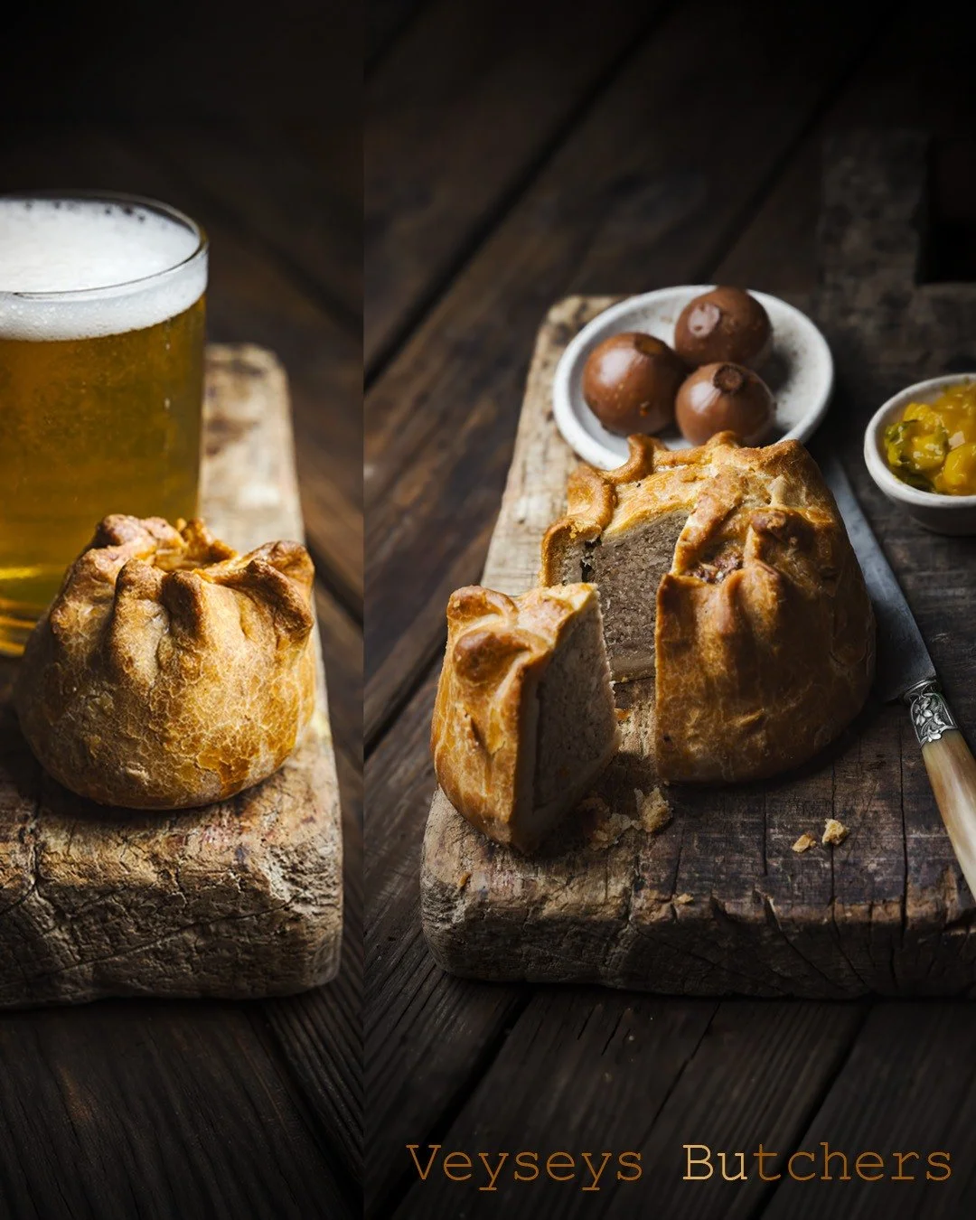 Sunday shoot with @veyseysbutchers_devon , pork pie, proper crust, proper slice, and the simple pint on the side. The kind of food that does not need styling, it just needs good light and a decent board. 
.
Photography by @faydit_photography .
.
.
.
