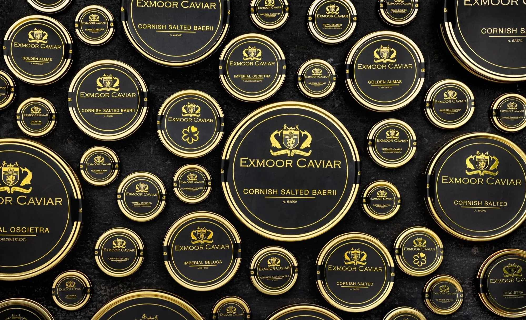 Overhead commercial product photograph of repeating black and gold Exmoor Caviar tins arranged into a dense graphic pattern, clearly presenting the branding and premium packaging for retail, editorial or campaign use.