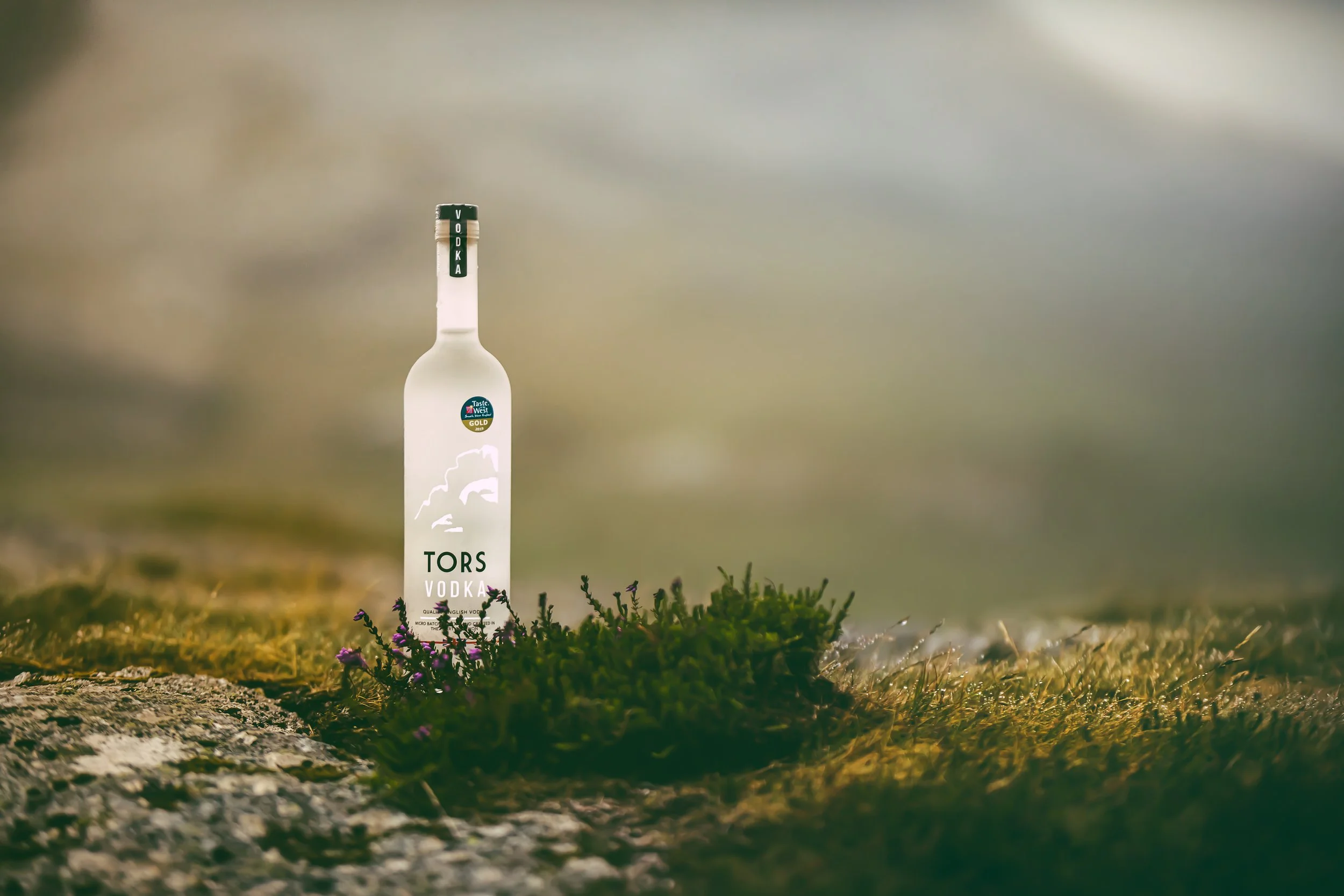 Location product photograph of a Tors Vodka bottle standing among moss and rock with a softly blurred rural landscape beyond, connecting the spirit with its place of production in Dartmoor.