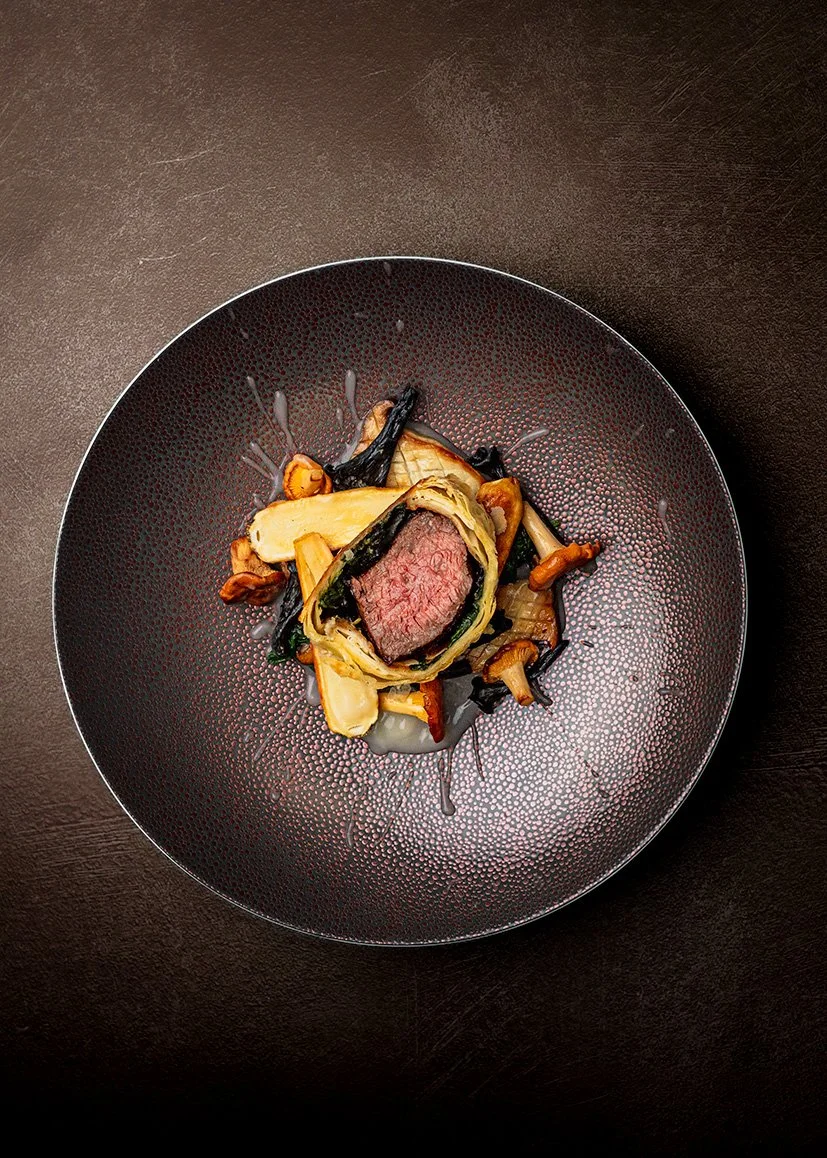 Fine-dining dish with sliced Devon Beef, carrots, mushrooms, purée and sauce, photographed for the Forest Produce product brochure and its hospitality customers across Devon.