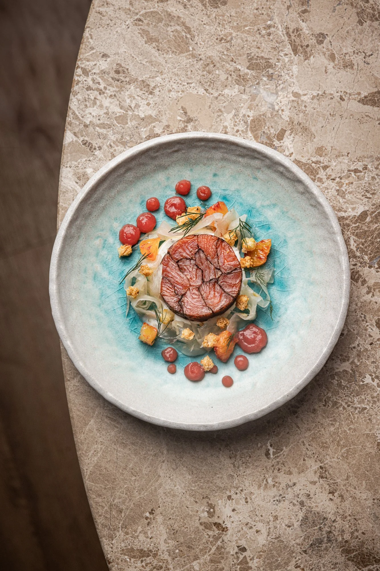 Professional restaurant dish, plated main in a blue-glazed bowl for website menus and editorial, shot in Reading, Berkshire, venue marketing in Poole, Dorset, for use in London and Cheltenham, Gloucestershire.