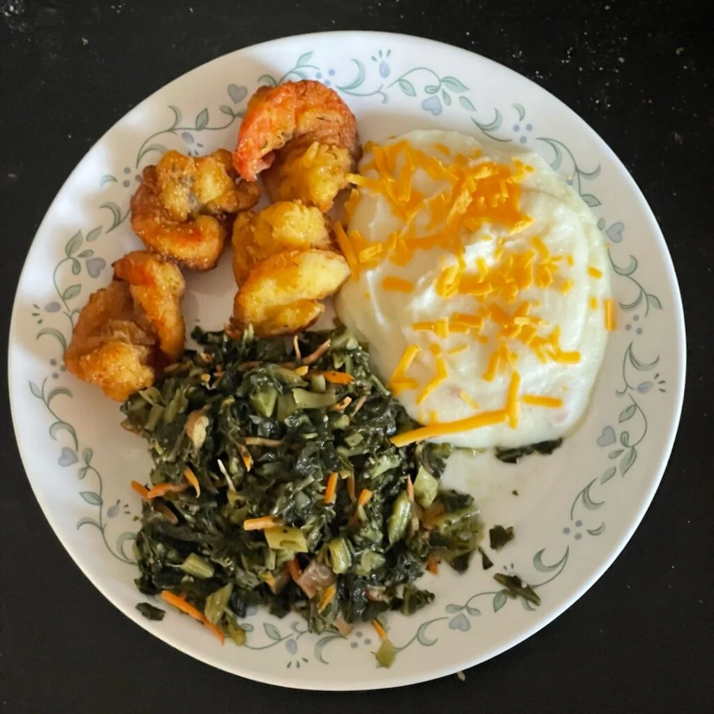 FRIED SHRIMP, MASHED POTATOES WITH CHEESE AND COLLARD GREENS