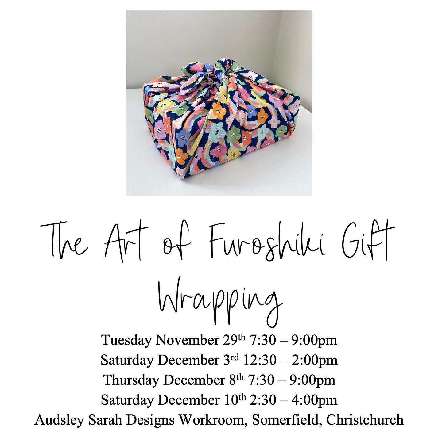 Christmas Classes are LIVE
There are three classes to choose from 
- the art of Furoshiki gift wrapping 
- learn to quilt, stocking edition and 
- Christmas wreath making with two options, felt leaves of pompom!

Head over to audsleysarah.com to regi
