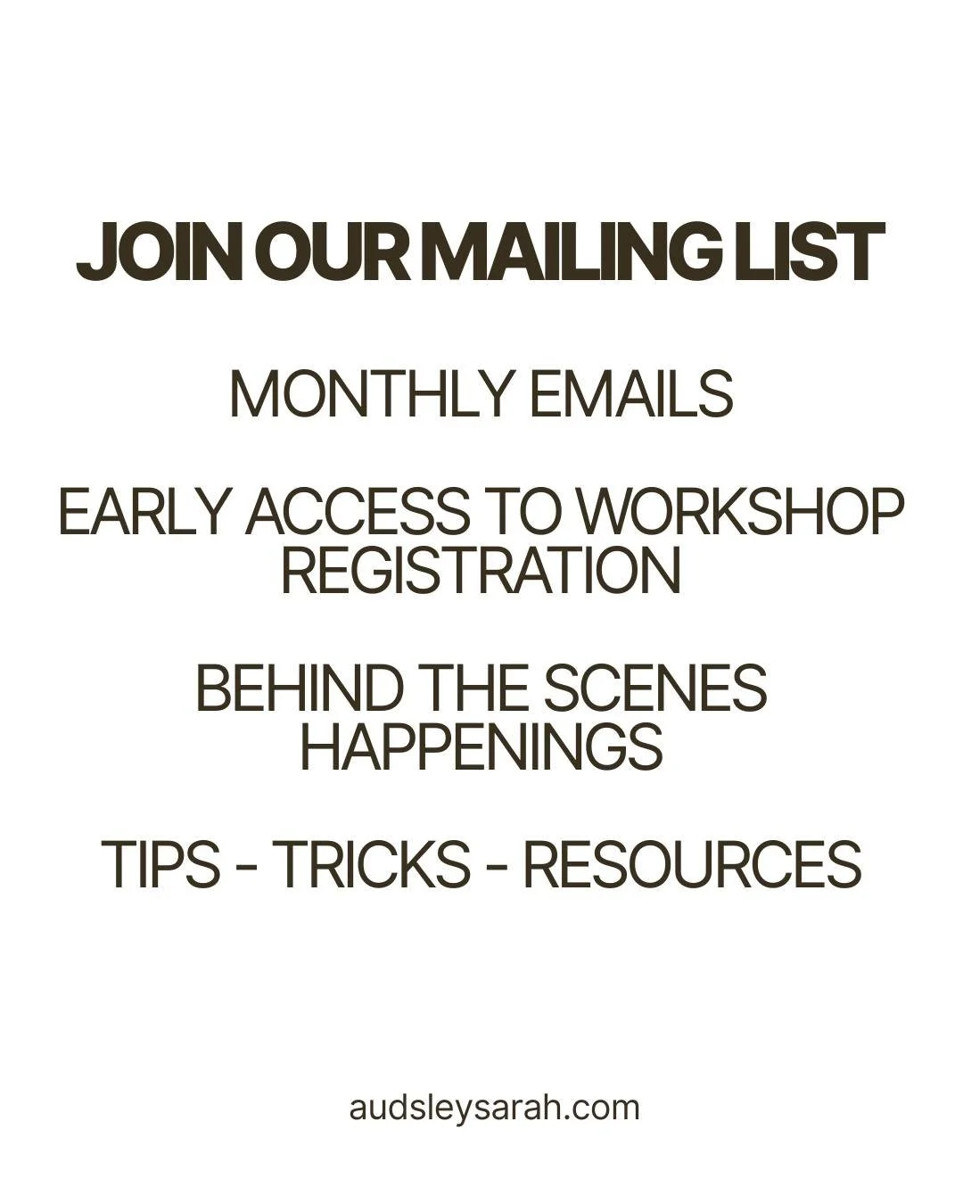 Join our monthly mailing list. The first installment for 2026 arrives in inboxes tomorrow. Get early access to workshop registrations, behind the scenes insight into new courses, workroom musings, new store stock and more. Head over to audsleysarah.c