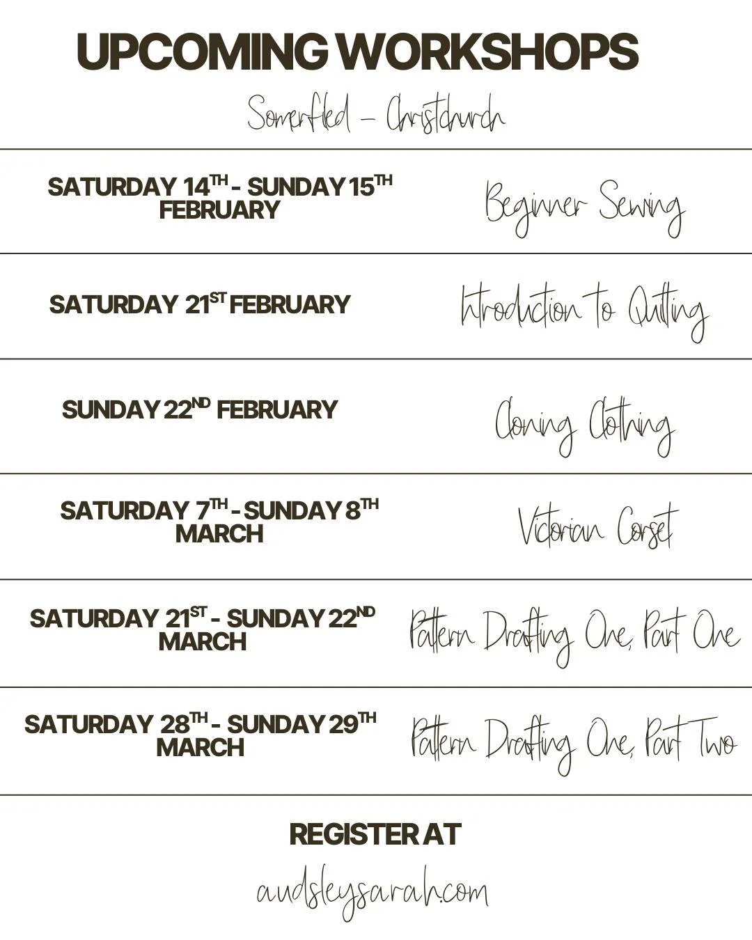 We have some awesome classes upcoming for Term One. These weekend workshops are held at the Audsley Sarah Workroom, Somerfield, Christchurch. No previous sewing experience is required to attend, small class sizes, all materials provided (except intro