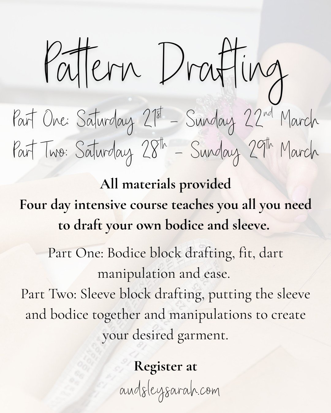 Pattern Drafting One is here! This course (broken into two weekends, attend one, or both) will guide you through drafting a bodice and sleeve block. This course will be running once a term, with Pattern Drafting Two (Skirt Block), Three (Dress Block)