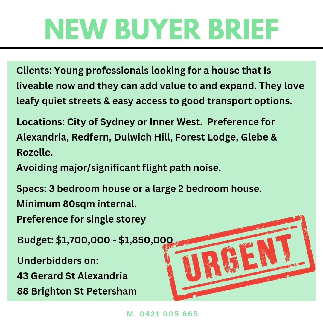 Urgent new Buyer Brief... 3 weeks to buy! Must be liveable while they renovate! DM me if you have anything off or pre market.
#buyersagent #buyersagentsydney #Sydneyrealestate #Sydneyproperty #womeninbusiness #homebuyingtips #auction #sydneyrealestat