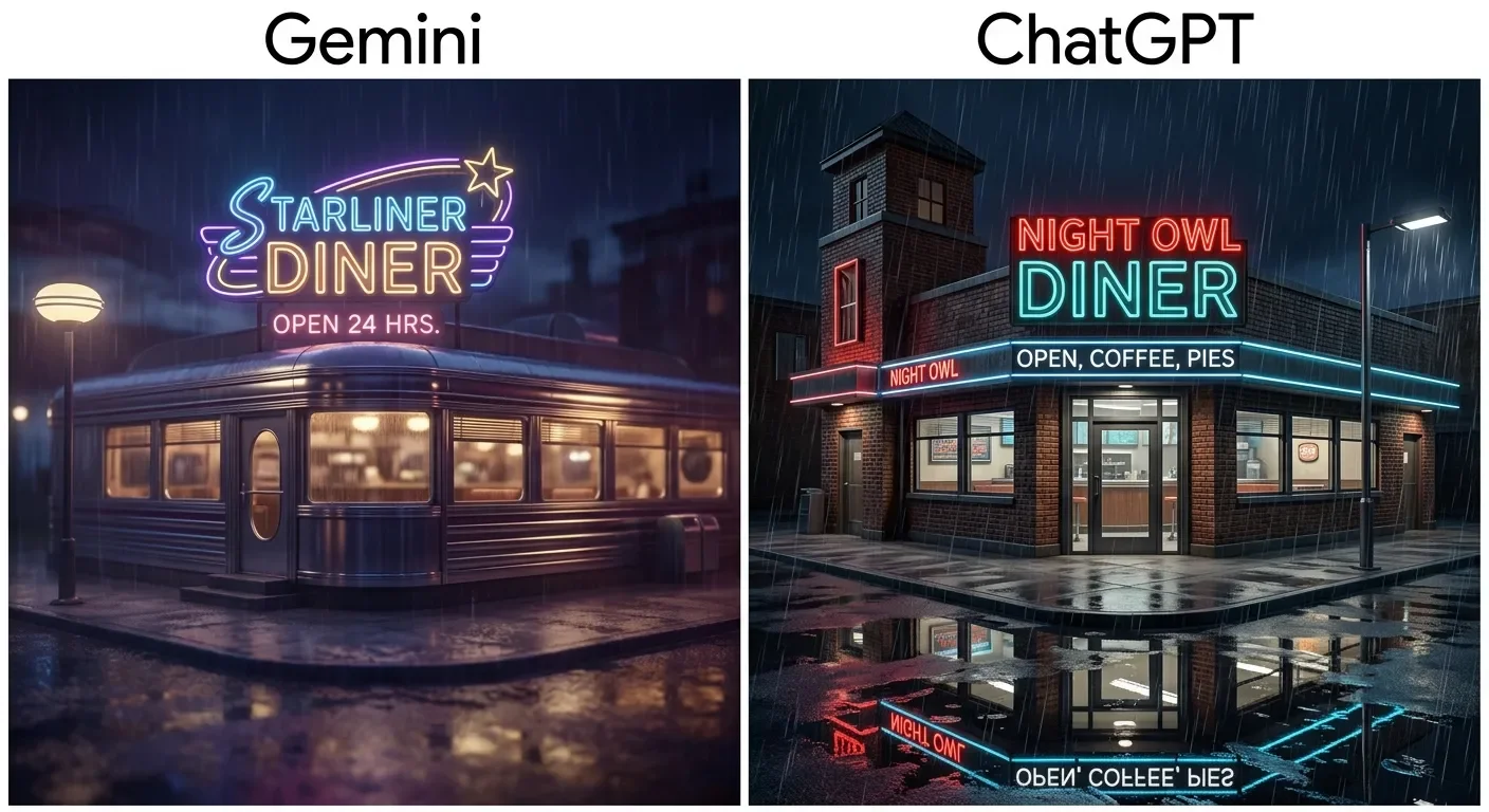 Same rainy diner prompt rendered by Gemini on the left and ChatGPT on the right