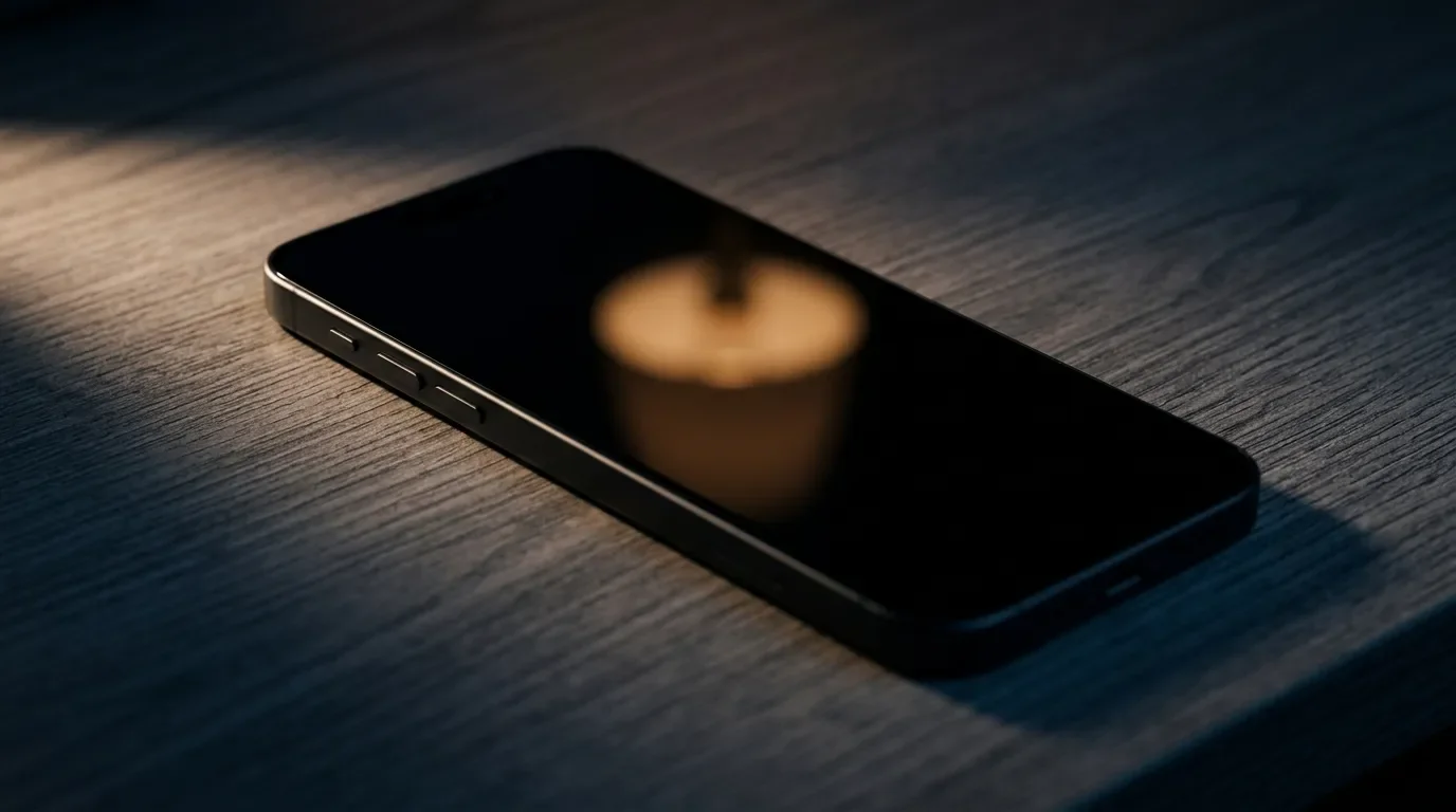 iPhone with a dark, powered-off screen lying face-up on a wooden desk, reflecting a warm candle flame, in a moody low-light setting.