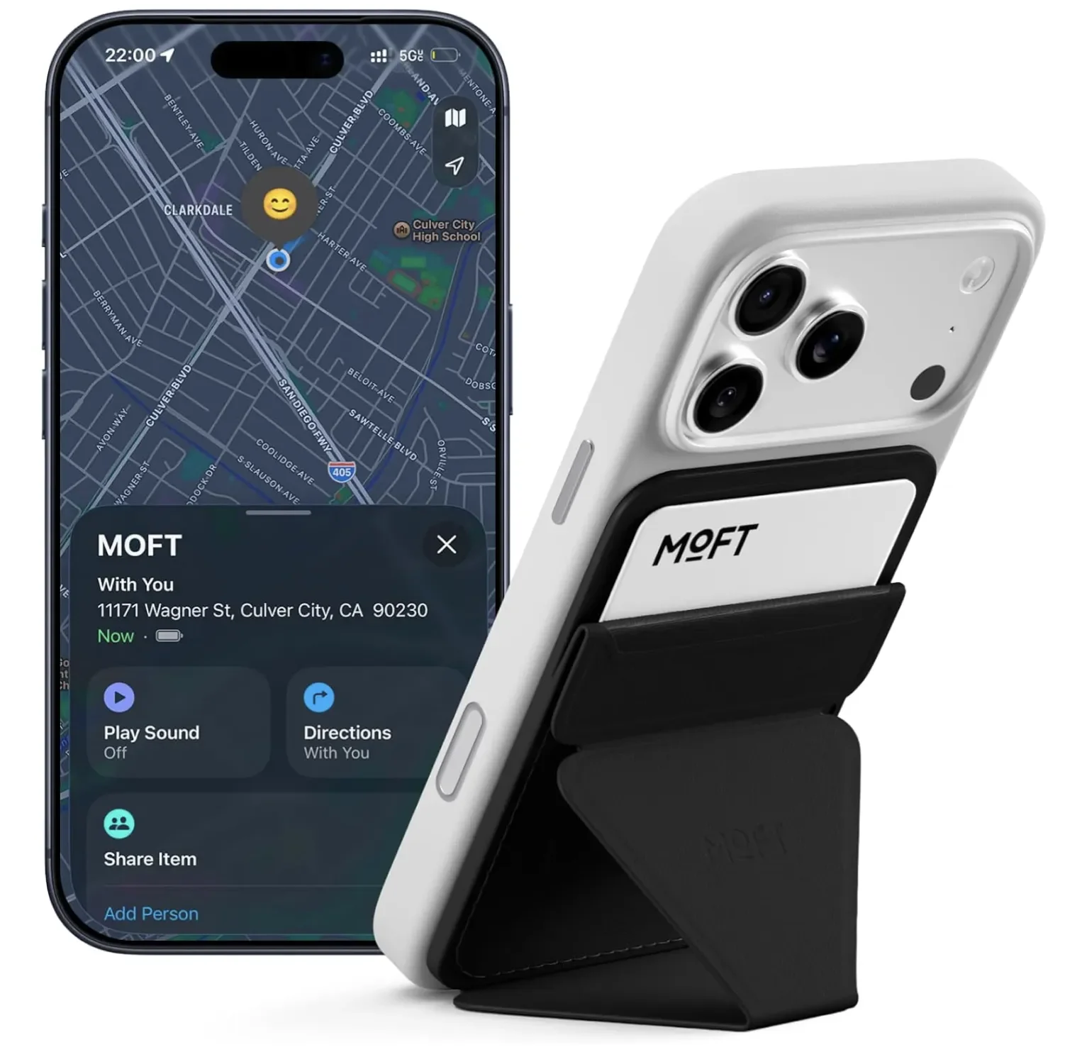 MOFT Find My wallet folded into its origami phone stand mode