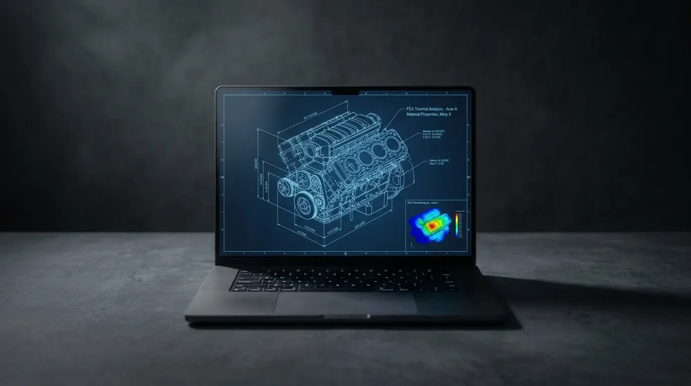 An engineering student laptop (MacBook Pro M5 Max) on a desk with CAD blueprint and calipers