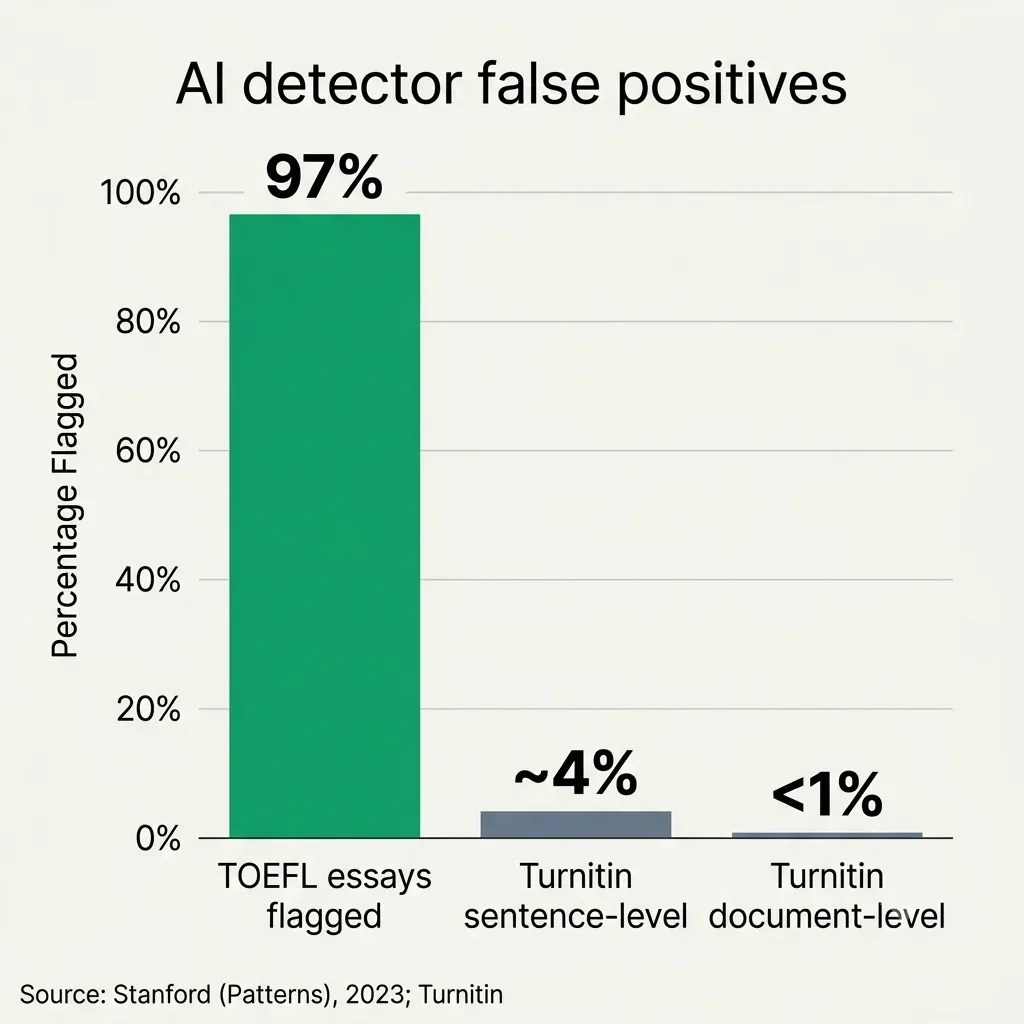 Bar chart comparing AI detector false-positive rates across TOEFL essays and Turnitin levels