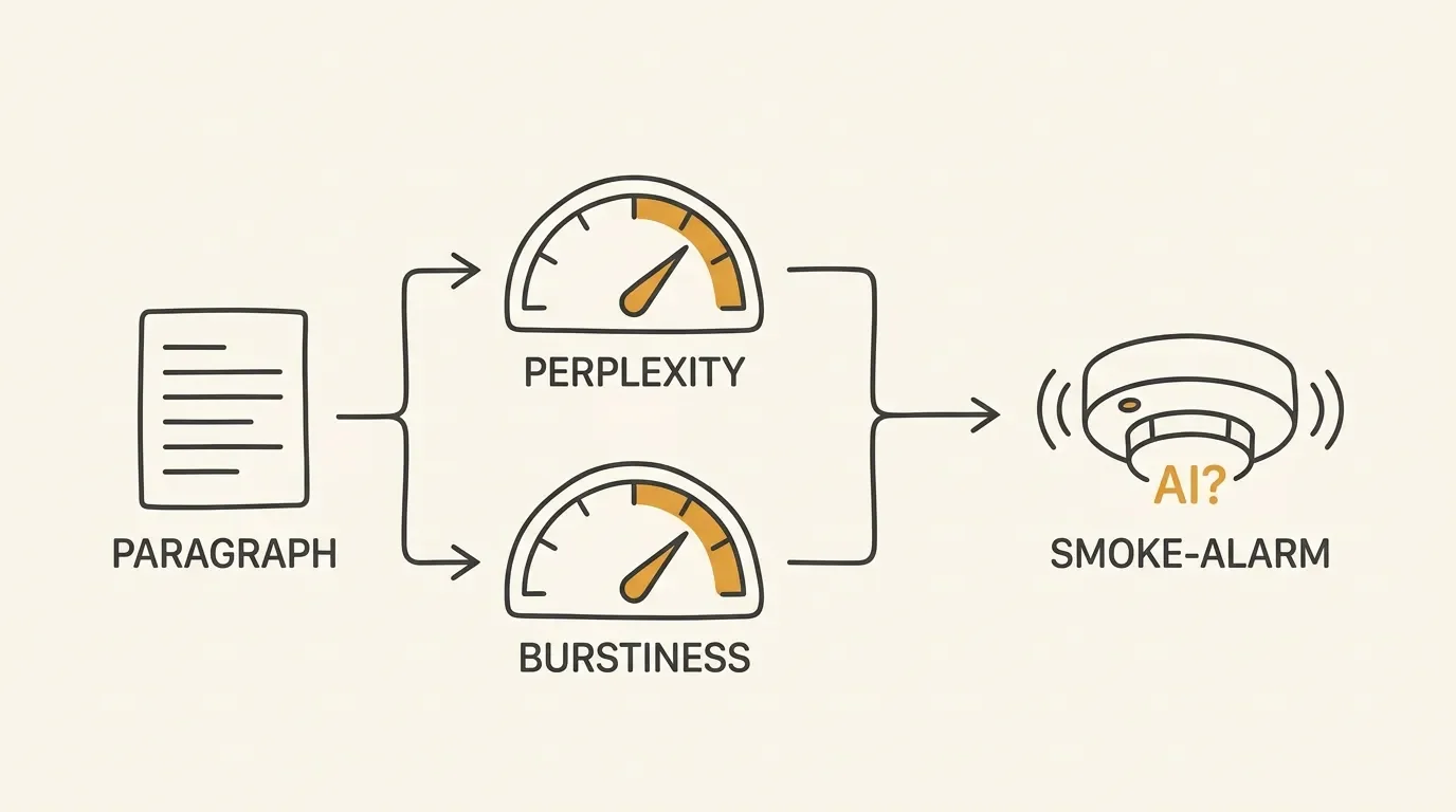 Diagram showing a detector measuring text perplexity and burstiness like an oversensitive smoke alarm