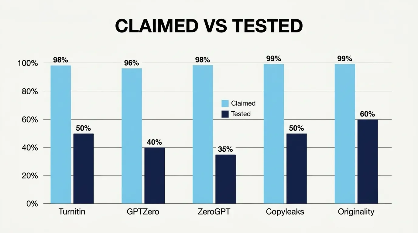 Bar chart contrasting AI detectors' claimed accuracy against much lower scores on humanized text