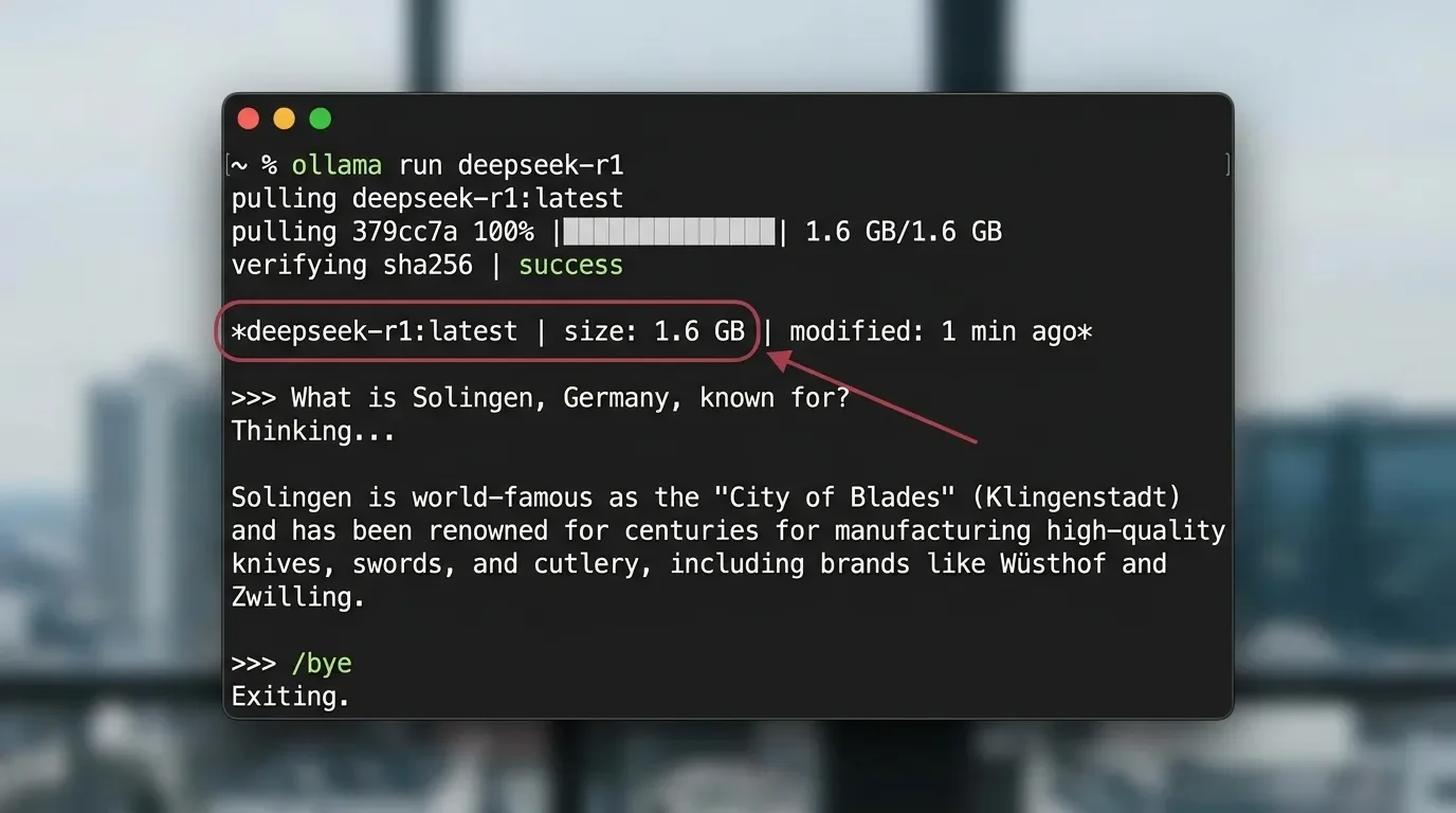 Terminal screenshot of Ollama downloading and running a DeepSeek model locally