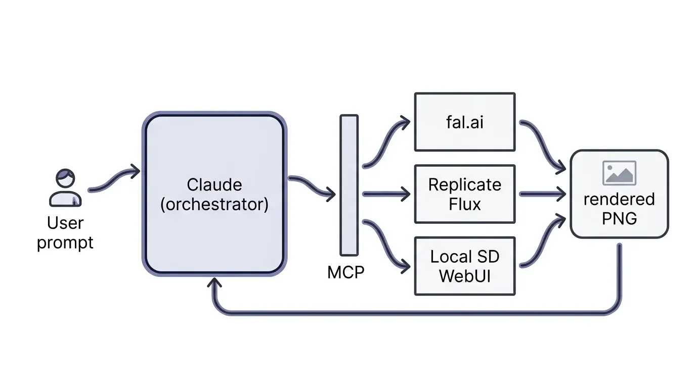Flowchart showing a user prompt routed through Claude to MCP image servers and back as a rendered image