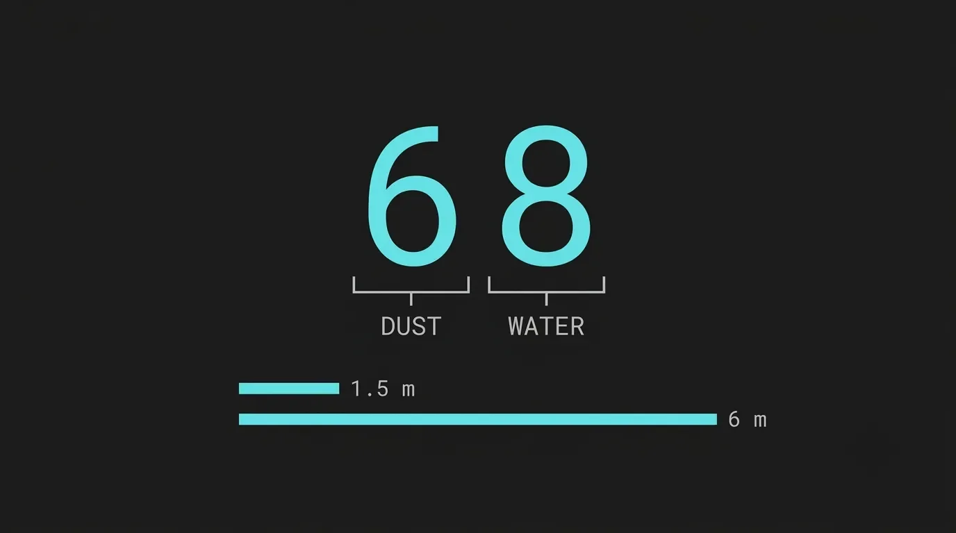 Diagram splitting the IP68 code into its dust digit and water digit