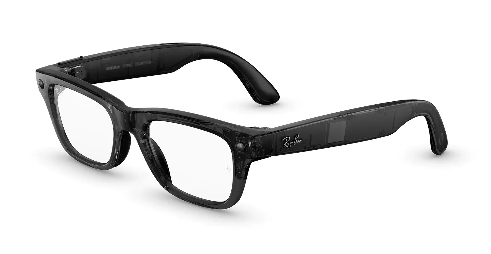 Ray-Ban Meta smart glasses with camera lenses resting on dark surface