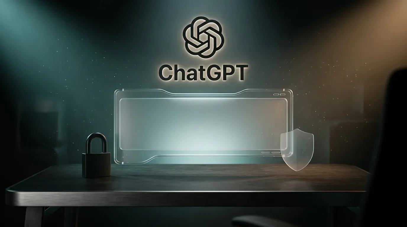 Cinematic ChatGPT logo above a glowing chat panel guarded by a padlock and shield