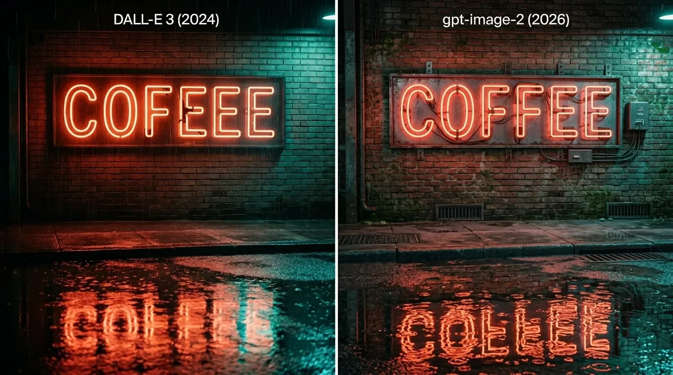 Same neon coffee sign prompt rendered by DALL-E 3 with misspelling next to clean gpt-image-2 version