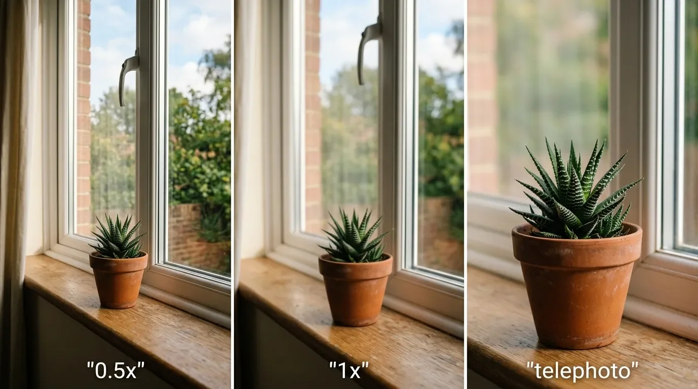 Three iPhone photos of the same scene at different zoom levels with the 1x shot blurry