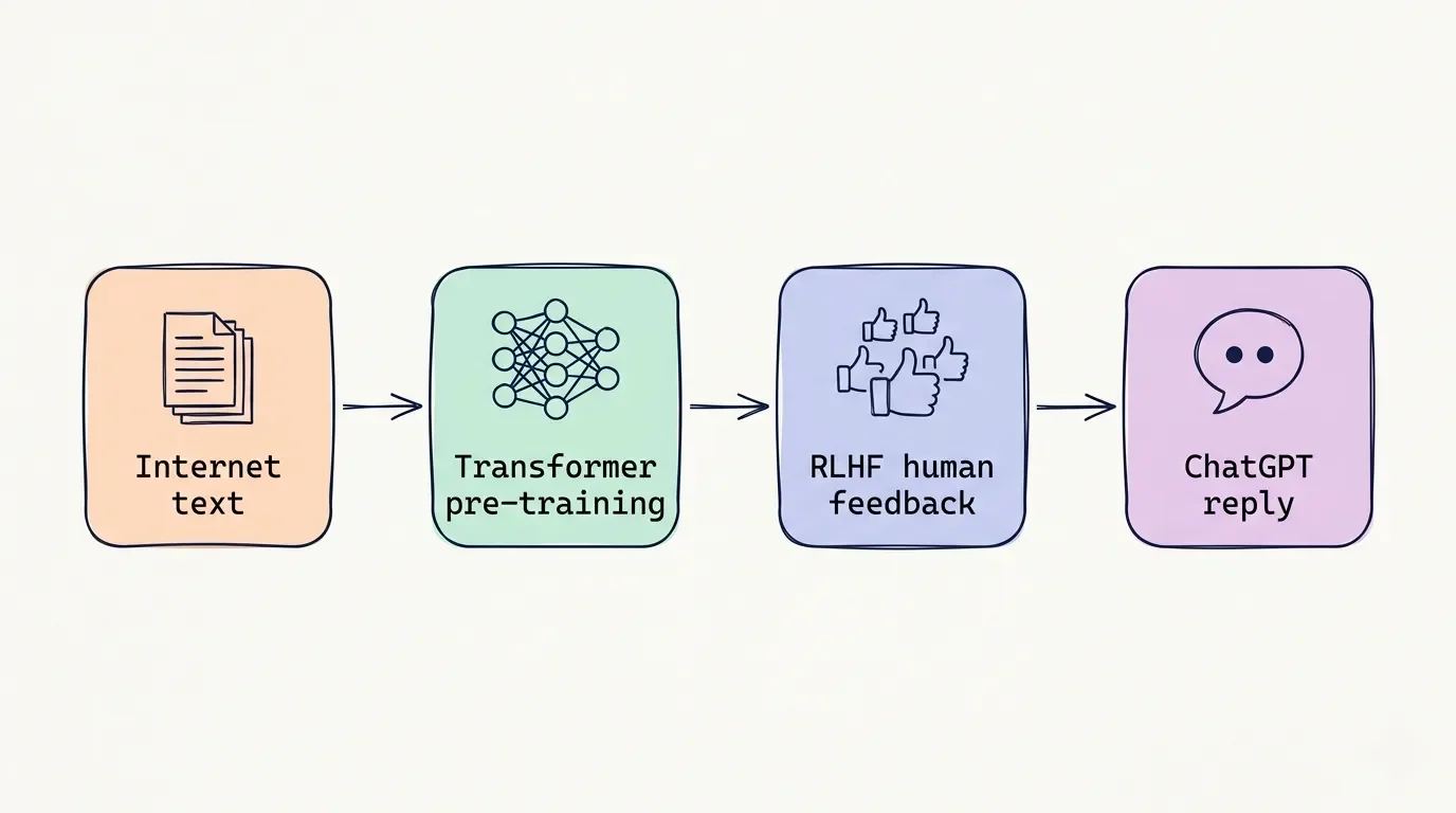 Four-stage flowchart showing internet text becoming a ChatGPT reply through Transformer training and RLHF