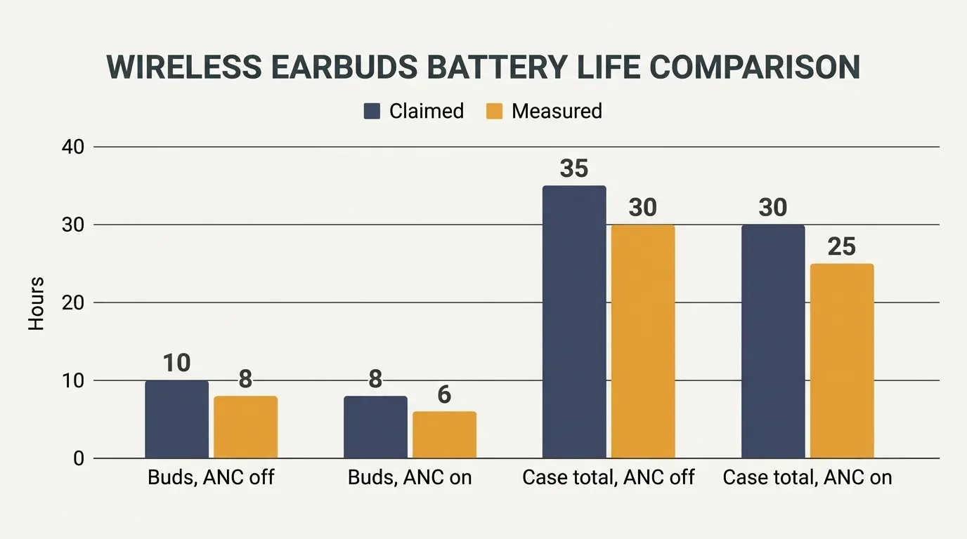 Bar chart comparing Beats' claimed battery hours with my measured playback times