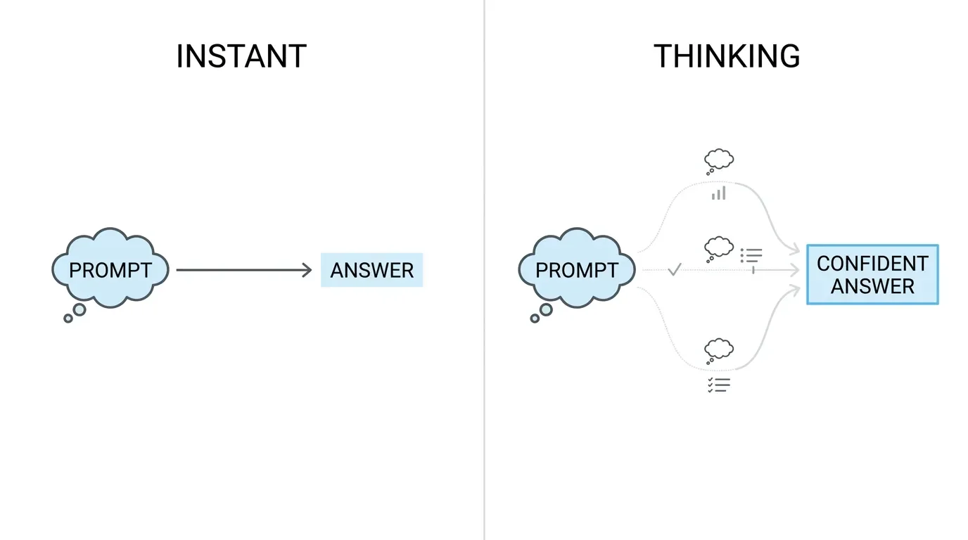 Diagram contrasting fast Instant model answer with slower step-by-step Thinking model reasoning