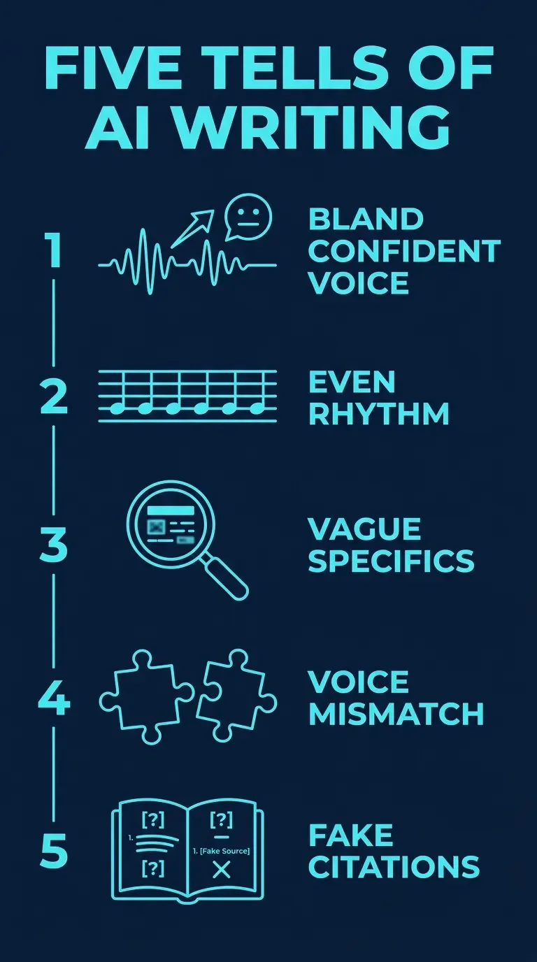 Vertical infographic listing five tells of AI writing from bland voice to fake citations