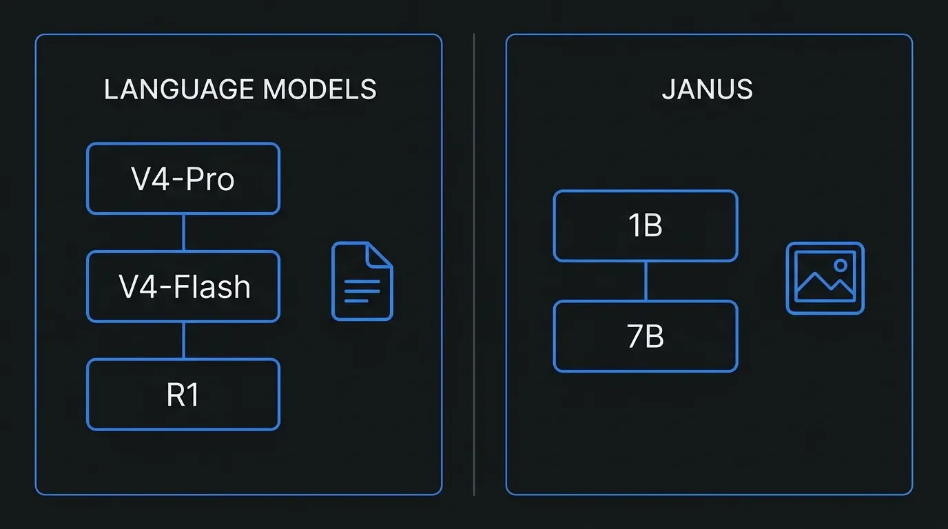 Diagram splitting DeepSeek into text models V4 and R1 versus Janus image models