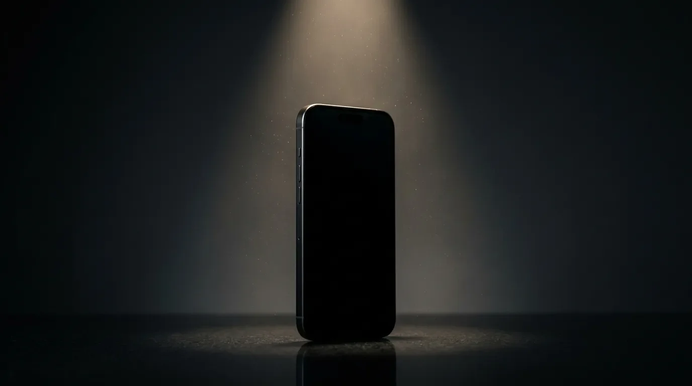Black iPhone standing upright with a blank, unresponsive screen, illuminated by a single dramatic overhead spotlight against a dark background — symbolizing a phone that won't turn on.