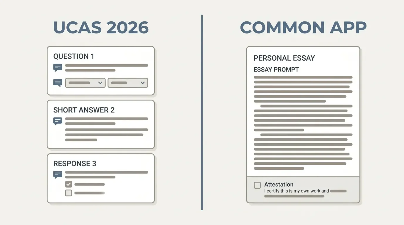 Split panel comparing UCAS three structured questions with Common App's single essay attestation