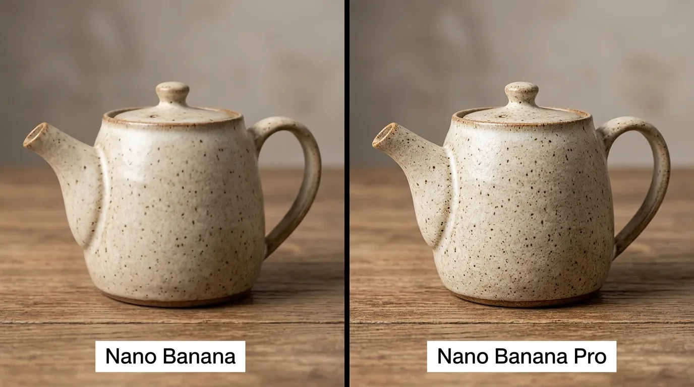Teapot rendered twice, softer Nano Banana left versus sharper Nano Banana Pro right