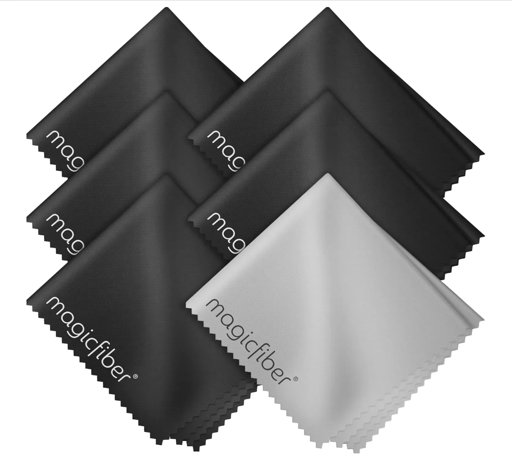 Stack of folded MagicFiber microfiber cleaning cloths in gray and black, the kind recommended for wiping an iPhone camera lens.