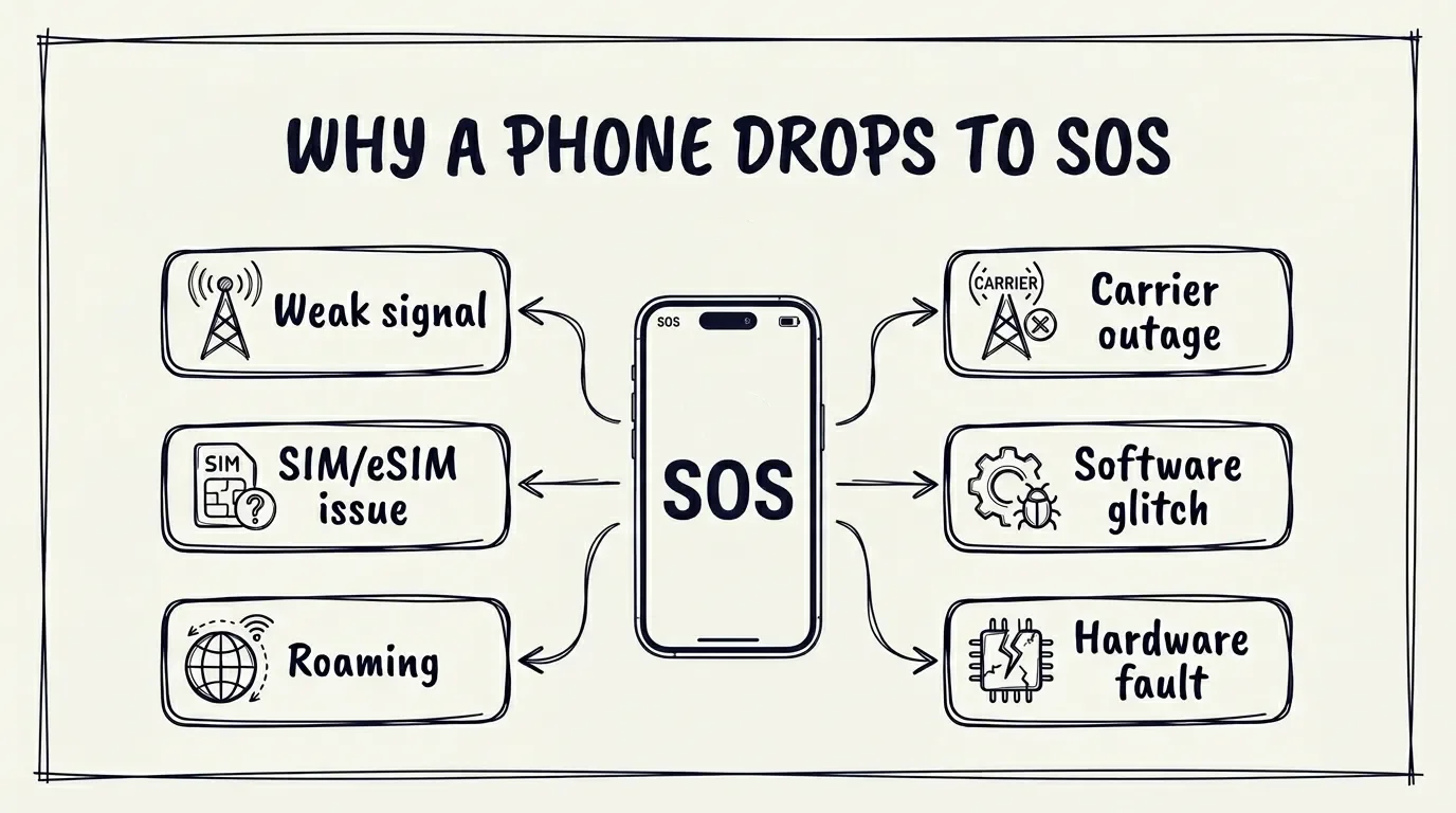 Flowchart linking a phone to six common causes of SOS mode