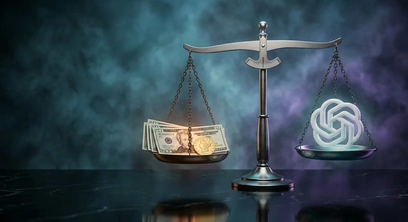 Balance scale weighing a twenty-dollar coin against a glowing blue AI orb