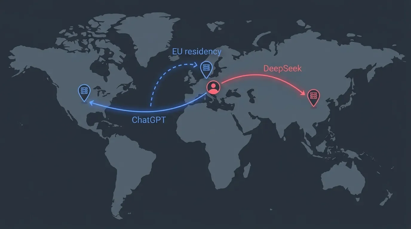 World map diagram showing DeepSeek data routed to China, ChatGPT to US and EU