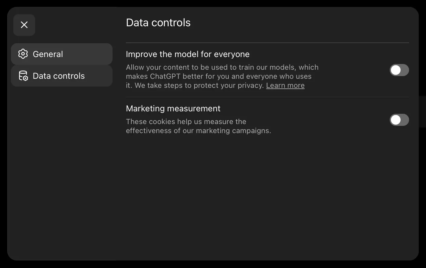 ChatGPT Data Controls settings with Improve the model for everyone toggle switched off