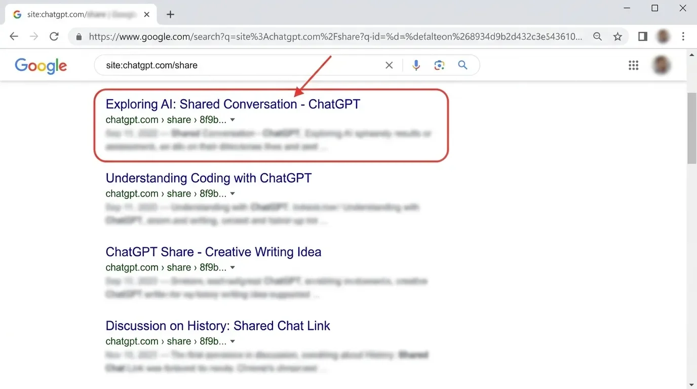 Google results page showing indexed ChatGPT shared chats with sensitive snippets blurred out